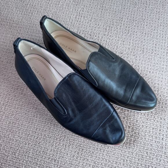 Cole Haan 8B Grand Series Black Leather Slip on Flats Shoes White Sole - Picture 2 of 7